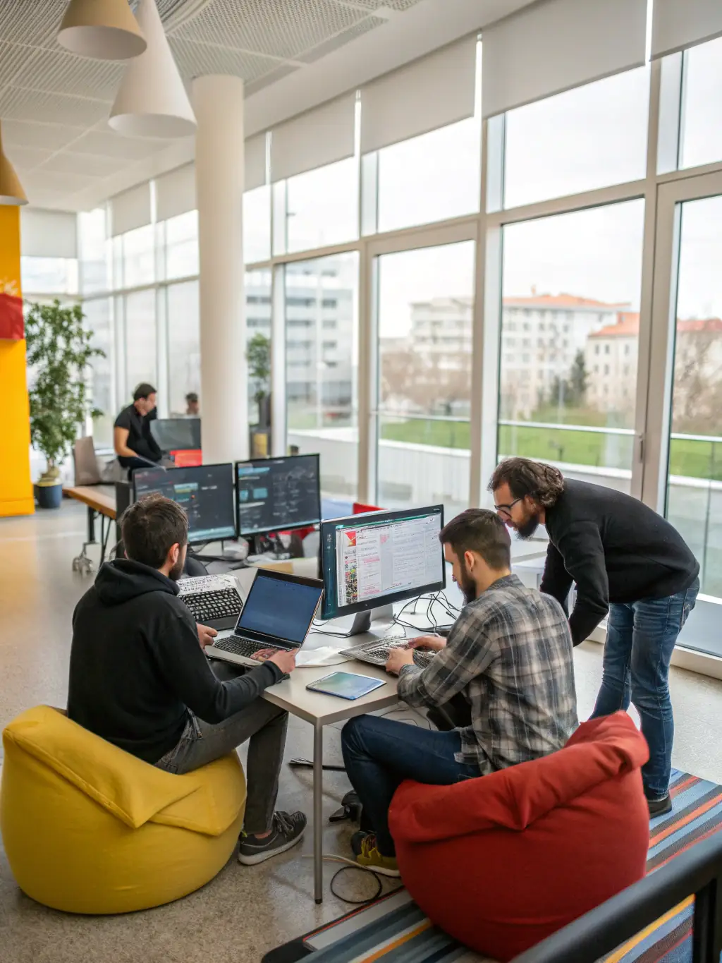 A diverse team collaborating on a cloud computing solution, highlighting Beginning Technology Services LLC's expertise in modern technology infrastructure.