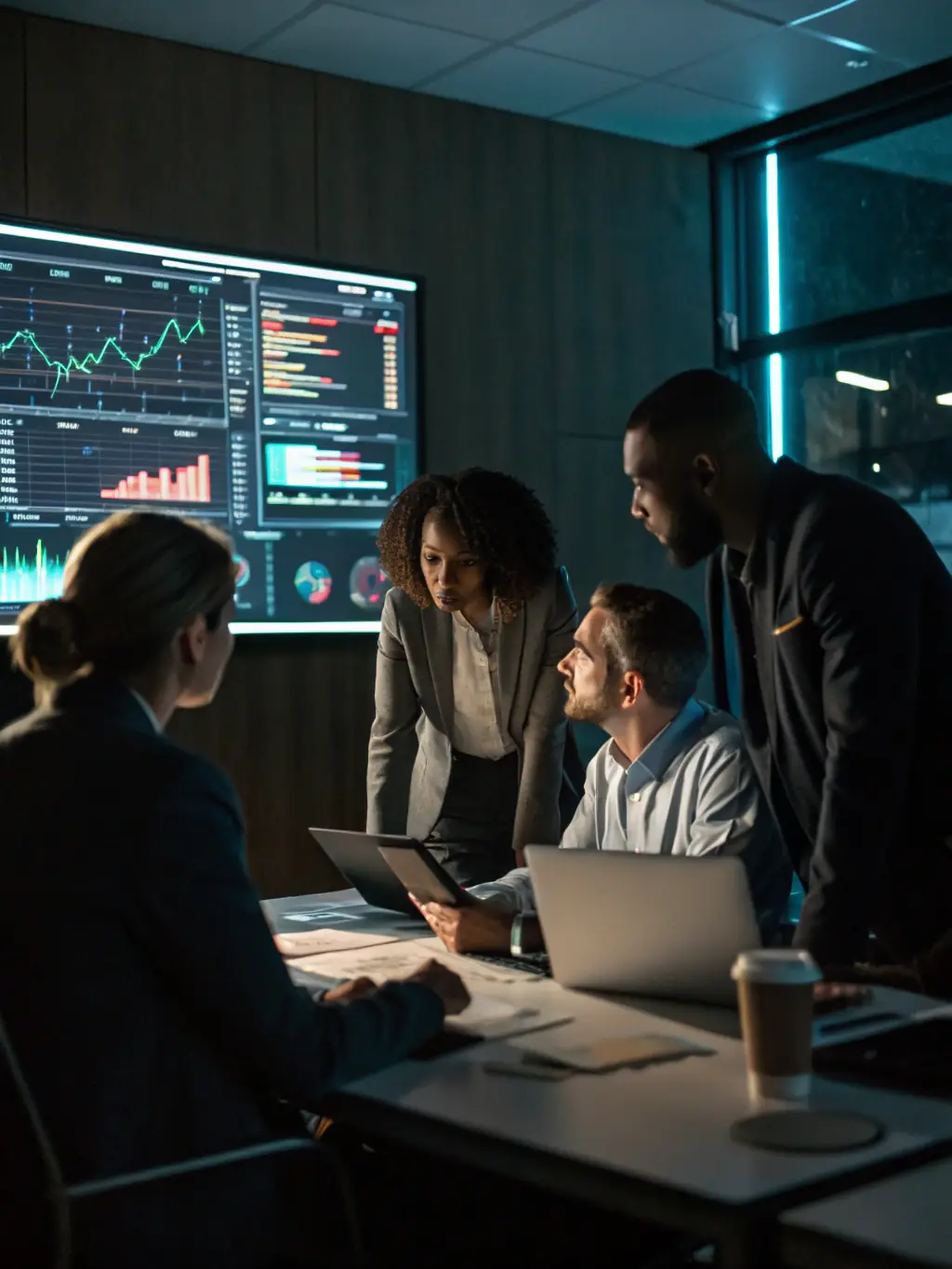 An image of a team analyzing digital marketing data on a large screen in a modern office, representing Beginning Technology Services LLC's digital strategy consulting expertise.