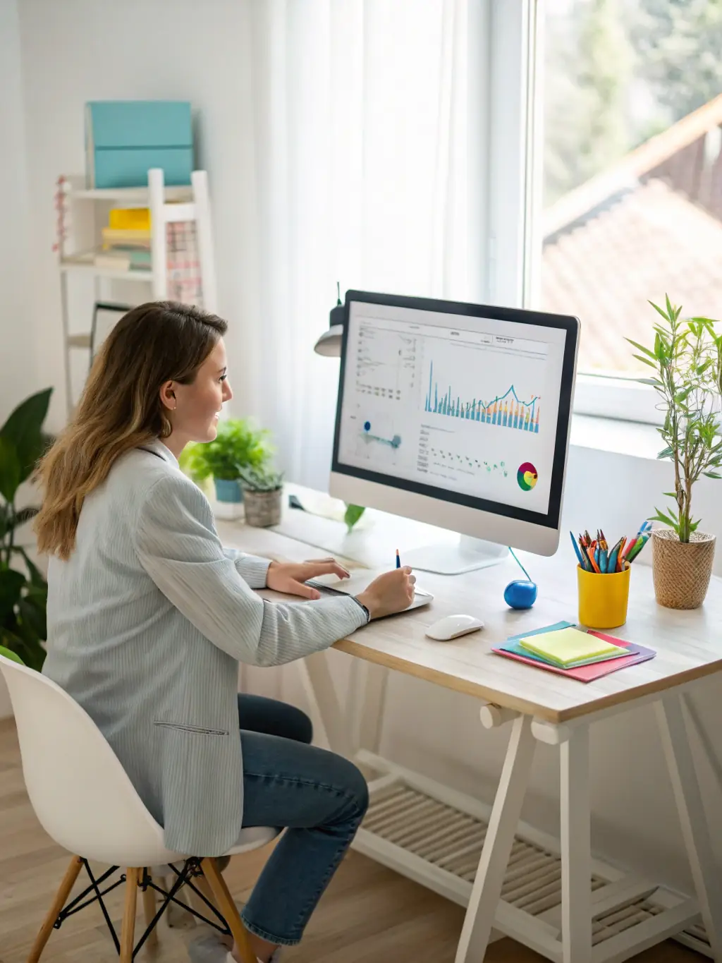 An SEO specialist analyzing website data and optimizing content for better search engine rankings.