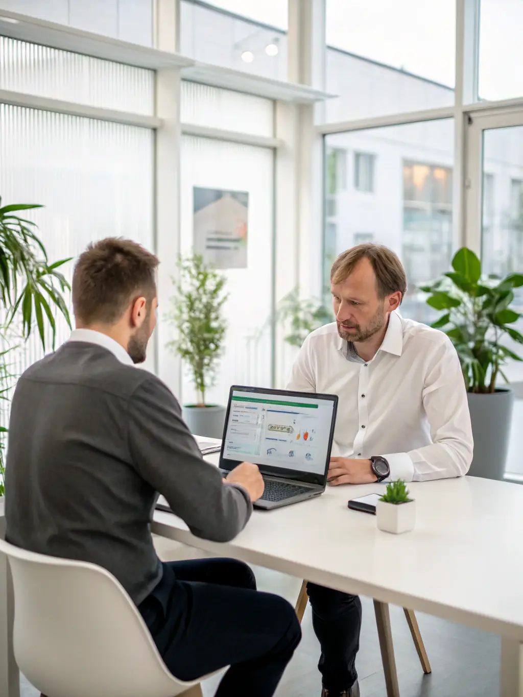 A consultant working with a client on digital transformation strategy, focusing on modern technology solutions.