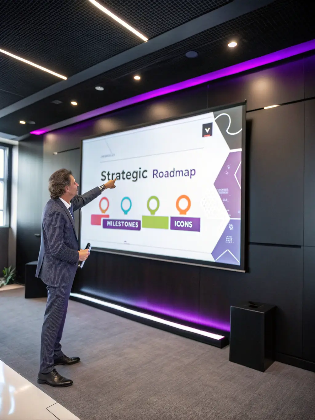 A consultant presenting a technology integration plan to a client, showcasing the benefits of new systems.